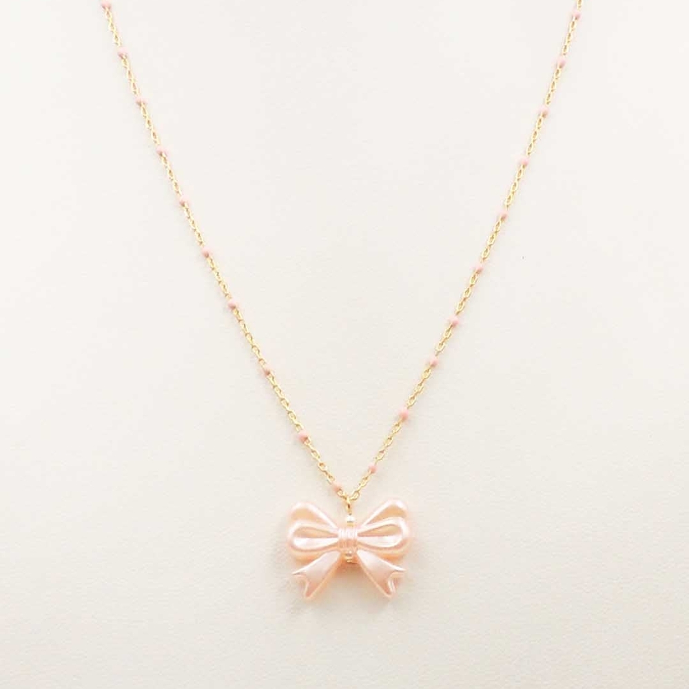 Gold Chain with Texture Circle Pink Bow Mini Pendant Necklace